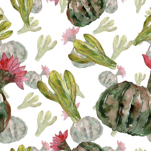 Green cactus floral botanical flower. Wild spring wildflower isolated. Watercolor illustration set. Watercolour drawing fashion aquarelle. Seamless background pattern. Fabric wallpaper print texture.