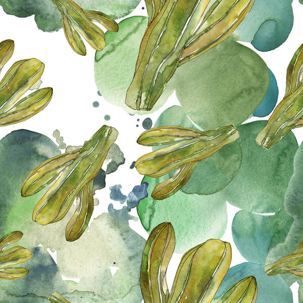 Green cactus floral botanical flower. Wild spring wildflower isolated. Watercolor illustration set. Watercolour drawing fashion aquarelle. Seamless background pattern. Fabric wallpaper print texture.