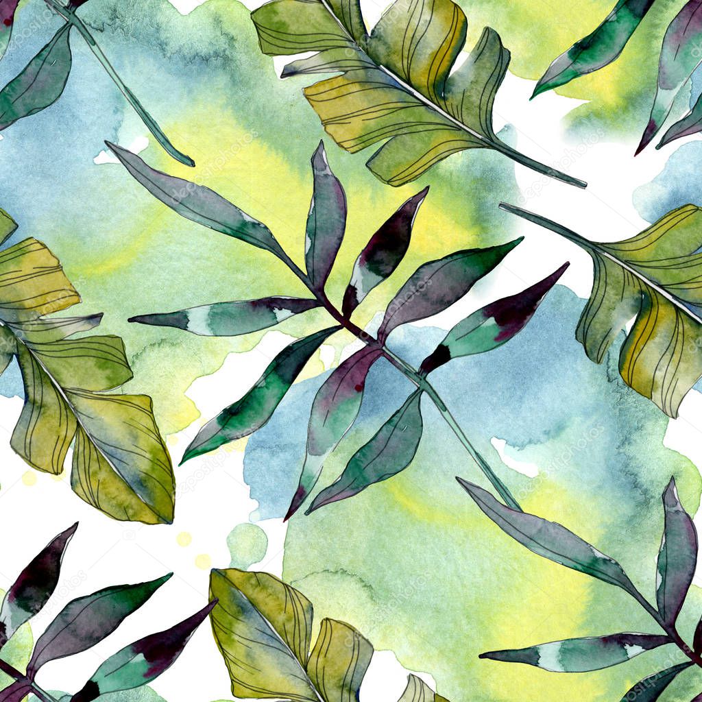 Green leaf plant botanical. Exotic tropical hawaiian summer. Watercolor illustration set. Watercolour drawing fashion aquarelle isolated. Seamless background pattern. Fabric wallpaper print texture.