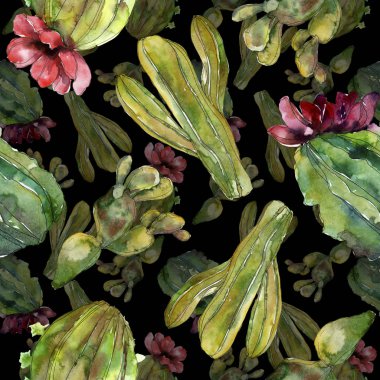 Yeşil kaktüs botanik çiçek. Vahşi bahar kır çiçeği izole. Suluboya resim kümesi. Suluboya çizim moda aquarelle. Sorunsuz arka plan deseni. Kumaş duvar kağıdı yazdırma doku.