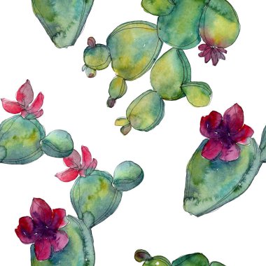 Yeşil kaktüsler suluboya resim ayarlayın. Sorunsuz arka plan deseni. Kumaş duvar kağıdı yazdırma doku.