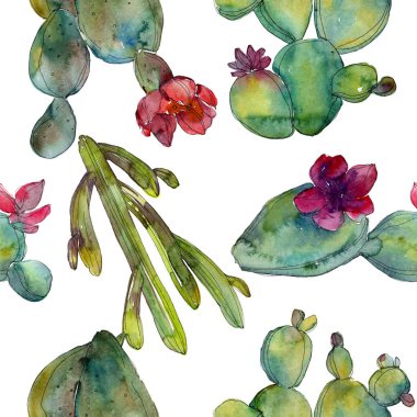 Yeşil kaktüsler suluboya resim ayarlayın. Sorunsuz arka plan deseni. Kumaş duvar kağıdı yazdırma doku.