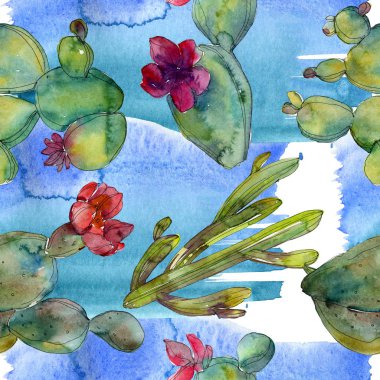 Yeşil kaktüsler suluboya resim ayarlayın. Sorunsuz arka plan deseni. Kumaş duvar kağıdı yazdırma doku.