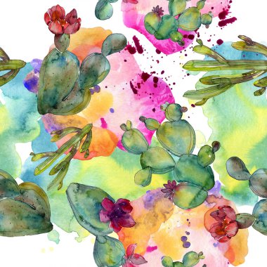 Yeşil kaktüsler suluboya resim ayarlayın. Sorunsuz arka plan deseni. Kumaş duvar kağıdı yazdırma doku.