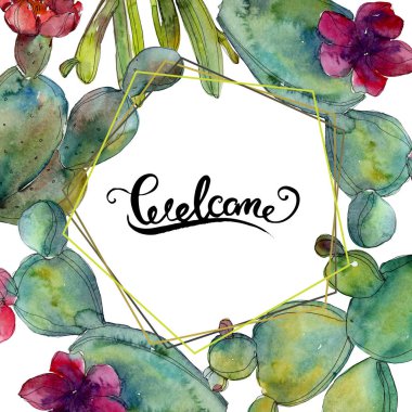 Yeşil kaktüsler suluboya arka plan illüstrasyon ayarlayın. Çerçeve kenarlığı süsleme yazıt ile.