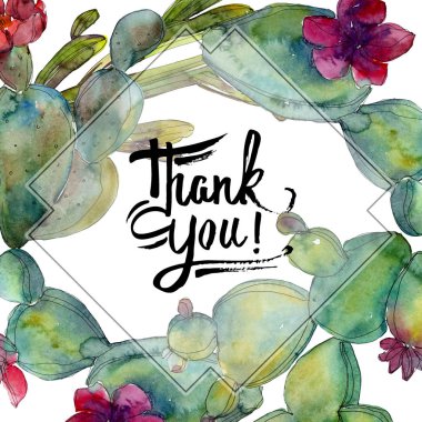 Yeşil kaktüsler suluboya arka plan illüstrasyon ayarlayın. Çerçeve kenarlığı süsleme yazıt ile.