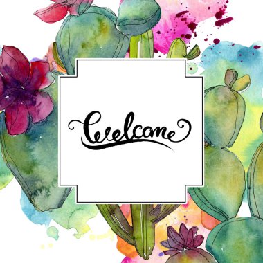 Yeşil kaktüsler suluboya arka plan illüstrasyon ayarlayın. Çerçeve kenarlığı süsleme yazıt ile.