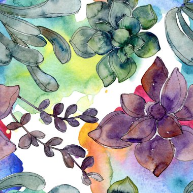 Egzotik tropik hawaiian botanik succulents. Suluboya resim kümesi. Sorunsuz arka plan deseni. Kumaş duvar kağıdı yazdırma doku.