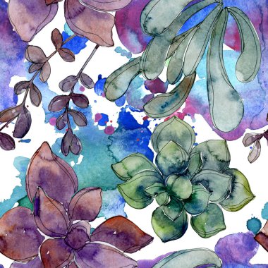 Egzotik tropik hawaiian botanik succulents. Suluboya resim kümesi. Sorunsuz arka plan deseni. Kumaş duvar kağıdı yazdırma doku.