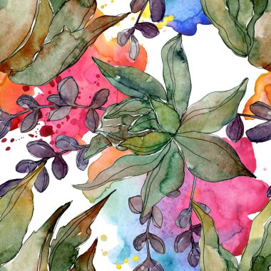 Egzotik tropik hawaiian botanik succulents. Suluboya resim kümesi. Sorunsuz arka plan deseni. Kumaş duvar kağıdı yazdırma doku.