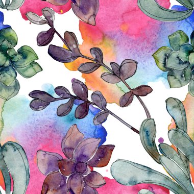 Egzotik tropik hawaiian botanik succulents. Suluboya resim kümesi. Sorunsuz arka plan deseni. Kumaş duvar kağıdı yazdırma doku.