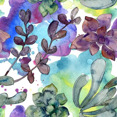 Egzotik tropik hawaiian botanik succulents. Suluboya resim kümesi. Sorunsuz arka plan deseni. Kumaş duvar kağıdı yazdırma doku.
