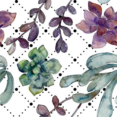 Egzotik tropik hawaiian botanik succulents. Suluboya resim kümesi. Sorunsuz arka plan deseni. Kumaş duvar kağıdı yazdırma doku.