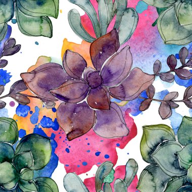 Egzotik tropik hawaiian botanik succulents. Suluboya resim kümesi. Sorunsuz arka plan deseni. Kumaş duvar kağıdı yazdırma doku.