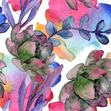Etli botanik çiçek. Vahşi bahar yaprak izole. Suluboya resim kümesi. Suluboya çizim moda aquarelle. Sorunsuz arka plan deseni. Kumaş duvar kağıdı yazdırma doku.