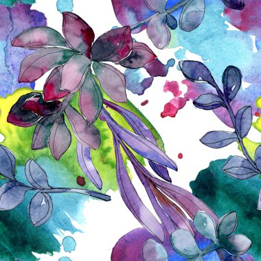 Etli botanik çiçek. Vahşi bahar yaprak izole. Suluboya resim kümesi. Suluboya çizim moda aquarelle. Sorunsuz arka plan deseni. Kumaş duvar kağıdı yazdırma doku.