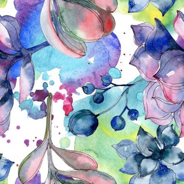 Etli botanik çiçek. Suluboya resim kümesi. Sorunsuz arka plan deseni. Kumaş duvar kağıdı yazdırma doku.