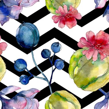 Etli botanik çiçek. Suluboya resim kümesi. Sorunsuz arka plan deseni. Kumaş duvar kağıdı yazdırma doku.