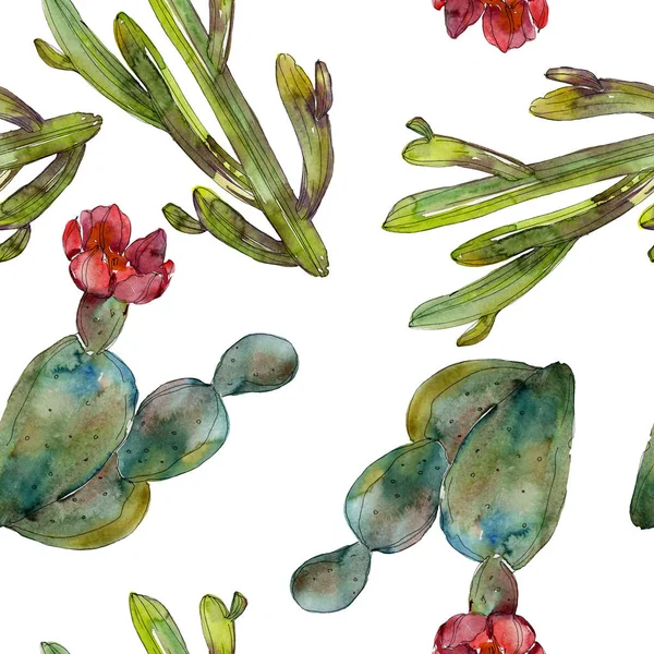 Green Cacti Watercolor Illustration Set Seamless Background Pattern Fabric Wallpaper — Stock Photo, Image
