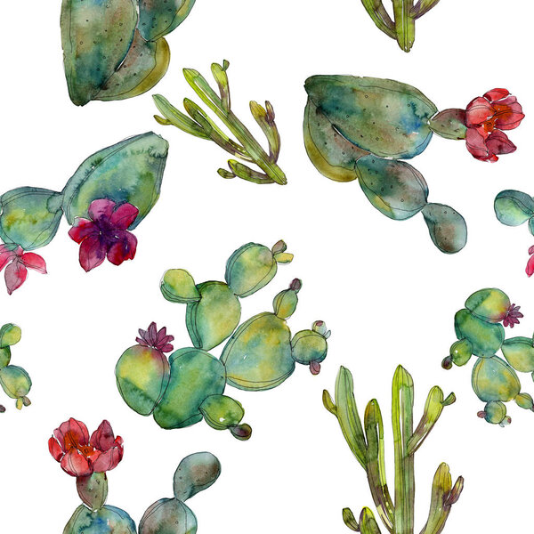 Green cacti watercolor illustration set. Seamless background pattern. Fabric wallpaper print texture.