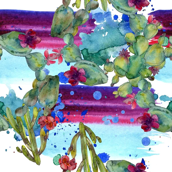 Green Cacti Watercolor Illustration Set Seamless Background Pattern Fabric Wallpaper — Stock Photo, Image