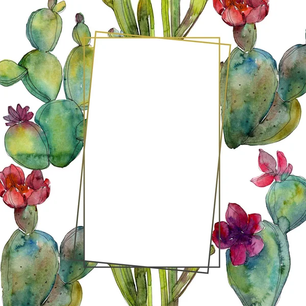 Gröna Kaktusar Akvarell Bakgrund Illustration Set Ram Gränsen Prydnad Med — Stockfoto