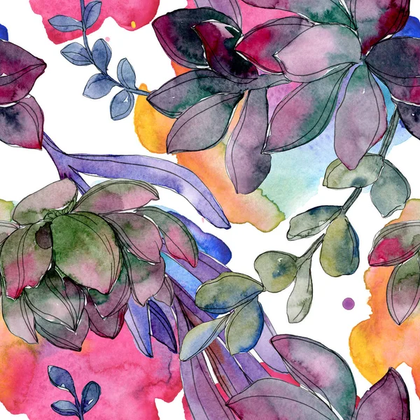 多汁的花植物学花 被隔绝的狂放的春天叶子 水彩插图集 水彩画时尚水彩画 无缝的背景模式 织物壁纸打印纹理 — 图库照片