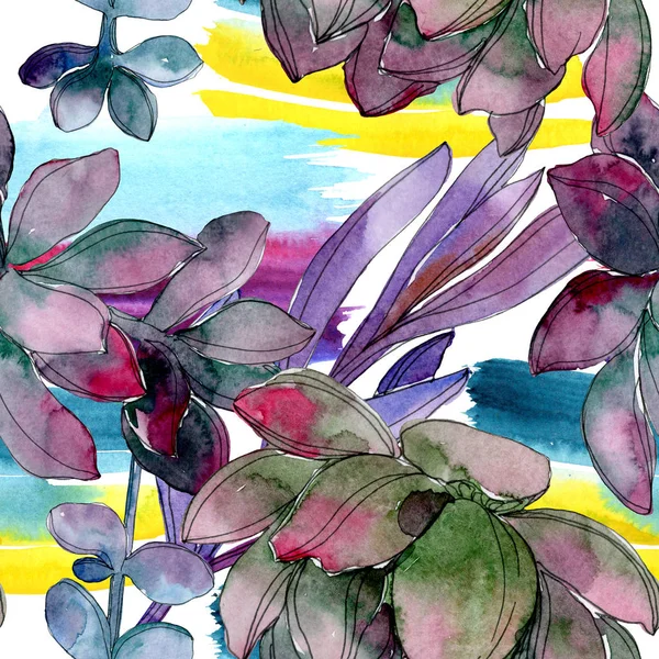 多汁的花植物学花 被隔绝的狂放的春天叶子 水彩插图集 水彩画时尚水彩画 无缝的背景模式 织物壁纸打印纹理 — 图库照片