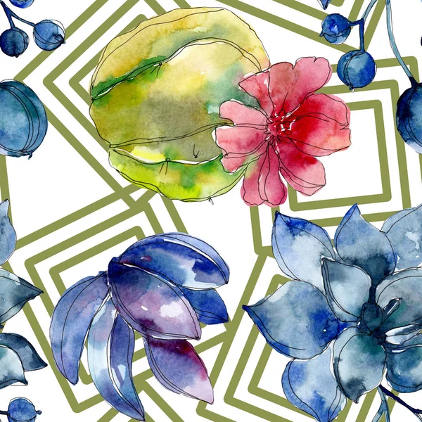 Succulent Botanical Flowers Watercolor Illustration Set Seamless Background Pattern Fabric — Stock Photo, Image