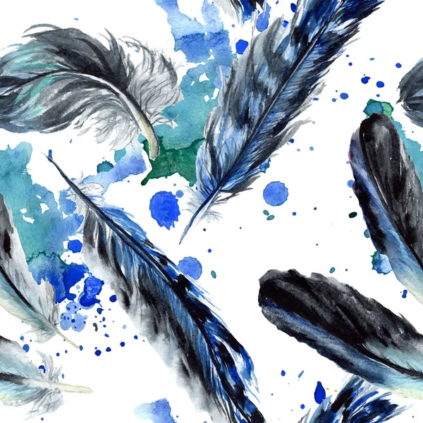 Blue Black Bird Feathers Wing Watercolor Background Illustration Set Seamless — Stock Photo, Image