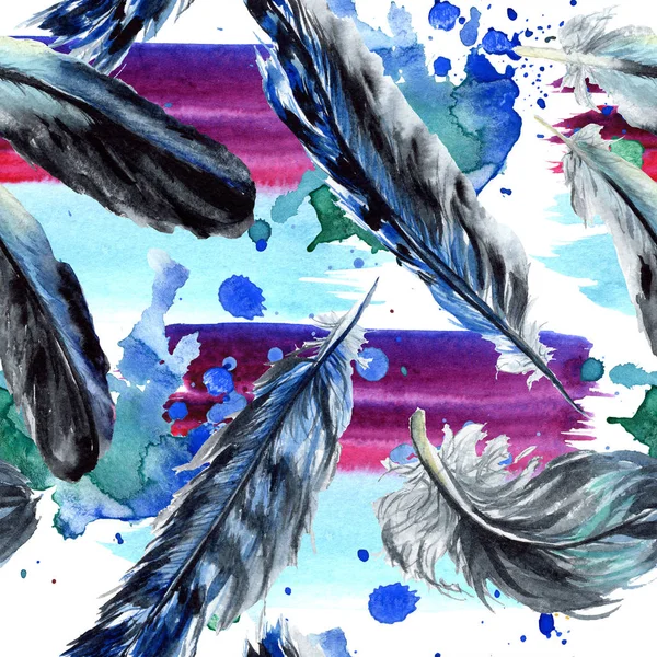 Blue Black Bird Feathers Wing Watercolor Background Illustration Set Seamless — Stock Photo, Image