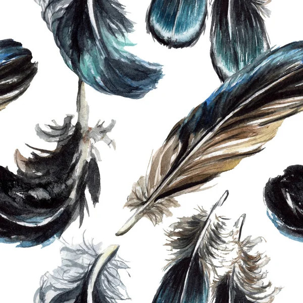 Blue Black Bird Feathers Wing Watercolor Background Illustration Set Seamless — Stock Photo, Image