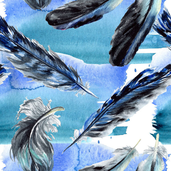 Blue and black bird feathers from wing. Watercolor background illustration set. Seamless background pattern.