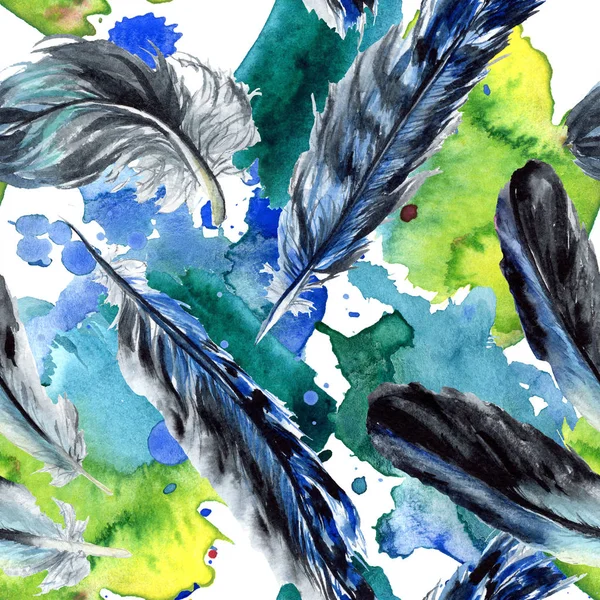 Blue Black Bird Feathers Wing Watercolor Background Illustration Set Seamless — Stock Photo, Image