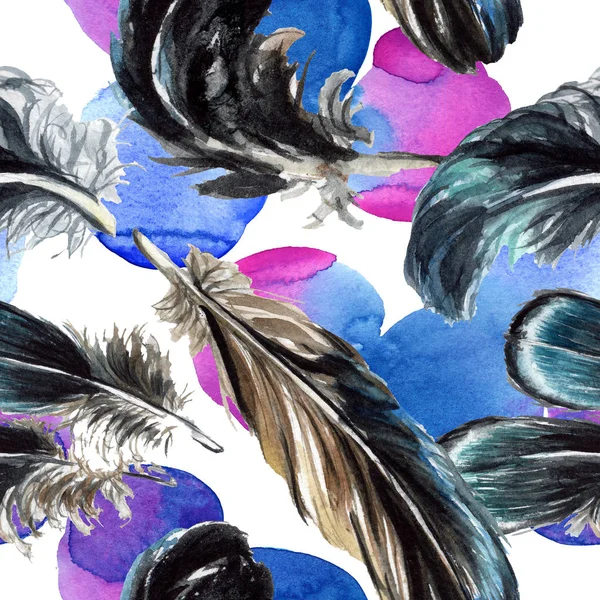 Pierze Ptak Niebieski Czarny Skrzydła Zestaw Ilustracji Tle Akwarela Bezszwowe — Zdjęcie stockowe