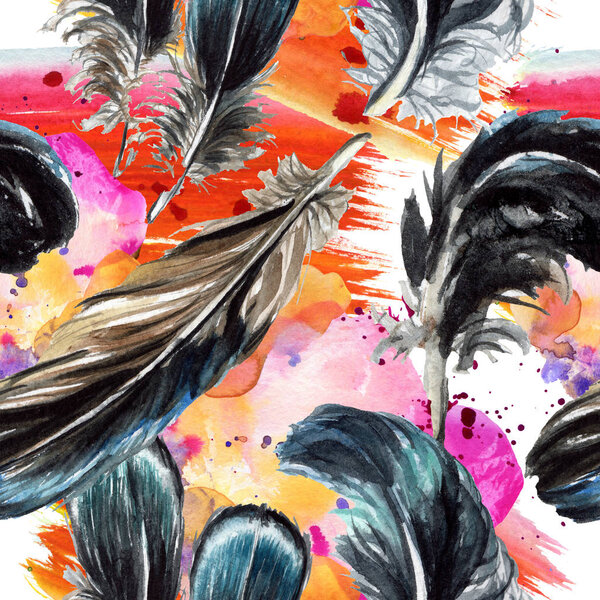 Blue and black bird feathers from wing. Watercolor background illustration set. Seamless background pattern.