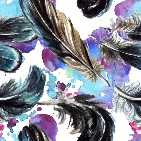 翼から青と黒の鳥の羽 水彩画背景イラスト セット シームレスな背景パターン — ストック写真