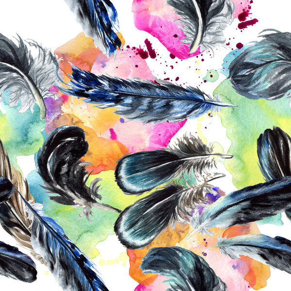 Blue and black bird feathers from wing. Watercolor background illustration set. Seamless background pattern.