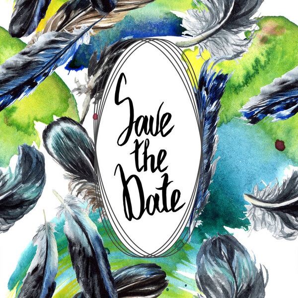 Синие и черные птичьи перья с крыла. Набор акварельных фонов. Граничный орнамент с надписью
.