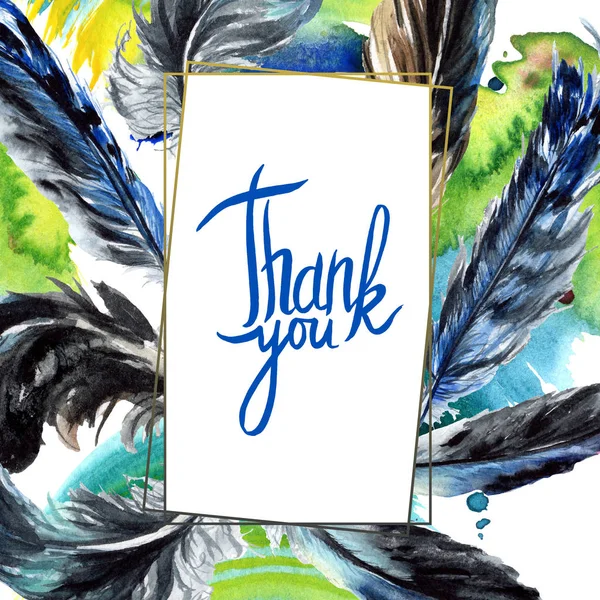 Blue Black Bird Feathers Wing Watercolor Background Illustration Set Frame — Stock Photo, Image
