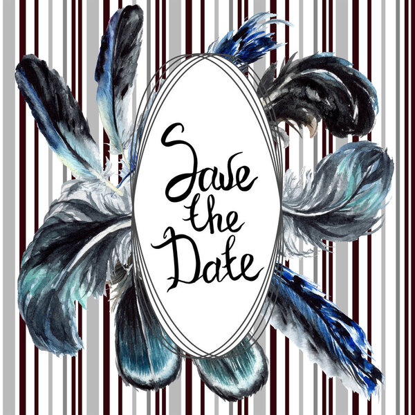 Синие и черные птичьи перья с крыла. Набор акварельных фонов. Граничный орнамент с надписью
.