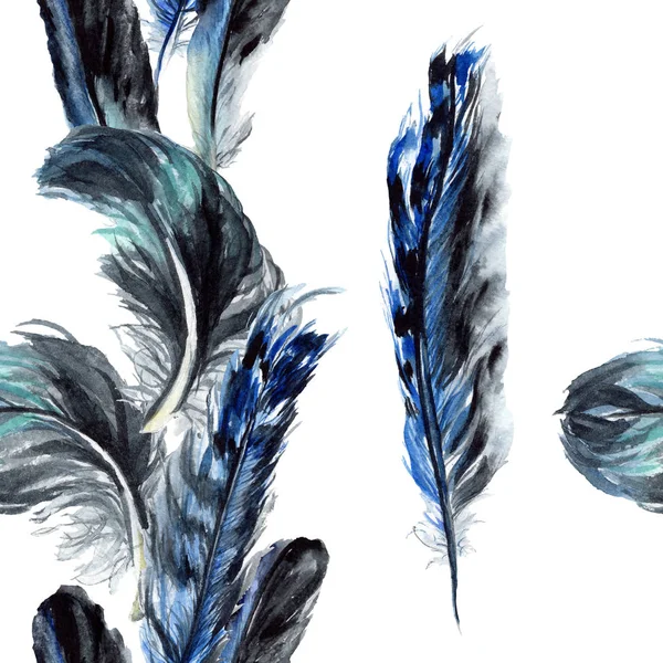 Blaue Und Schwarze Vogelfedern Vom Flügel Aquarell Hintergrundillustration Set Nahtloses — Stockfoto
