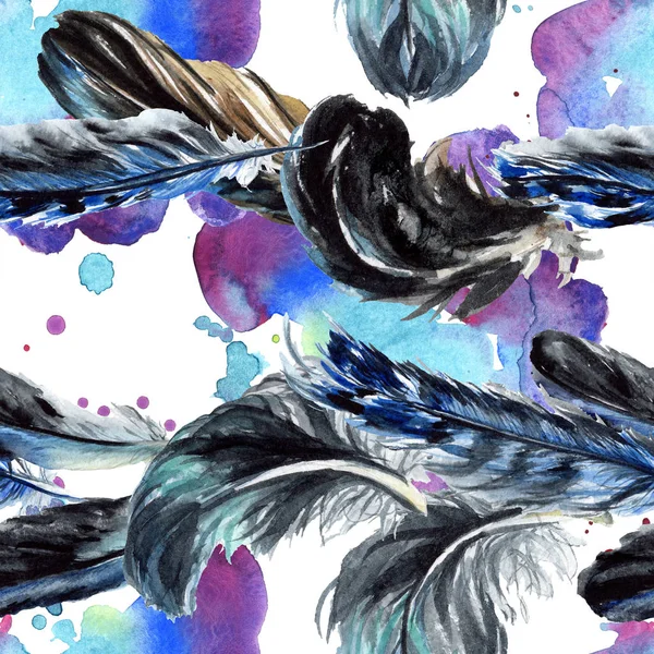 Blå Och Svart Fågelfjädrar Från Wing Akvarell Bakgrund Illustration Set — Stockfoto