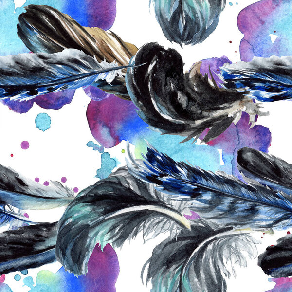 Blue and black bird feathers from wing. Watercolor background illustration set. Seamless background pattern.