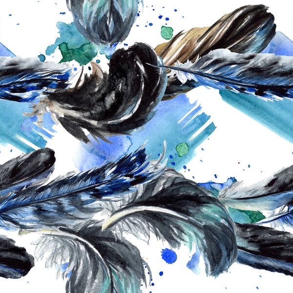 Blue and black bird feathers from wing. Watercolor background illustration set. Seamless background pattern.