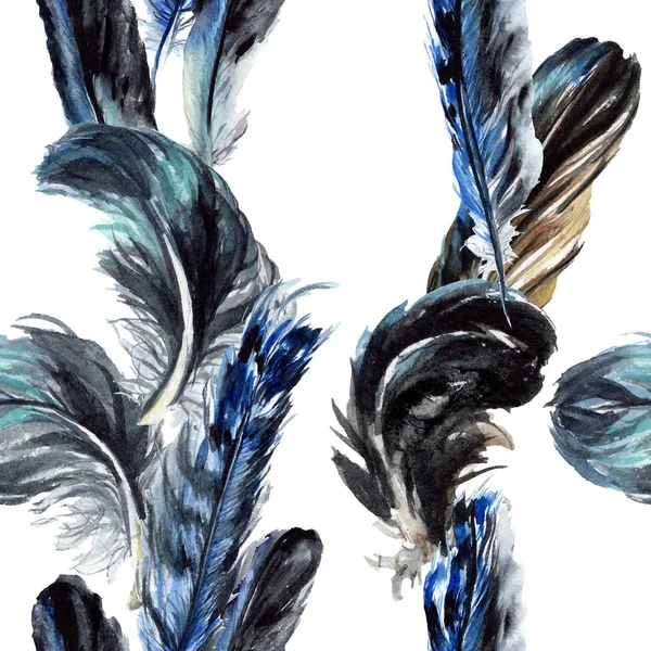 Blue Black Bird Feathers Wing Watercolor Background Illustration Set Seamless — Stock Photo, Image