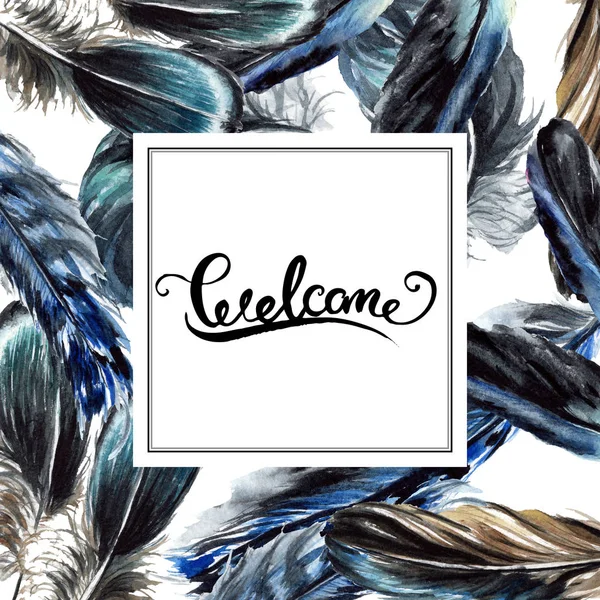 Blue Black Bird Feathers Wing Watercolor Background Illustration Set Frame — Stock Photo, Image