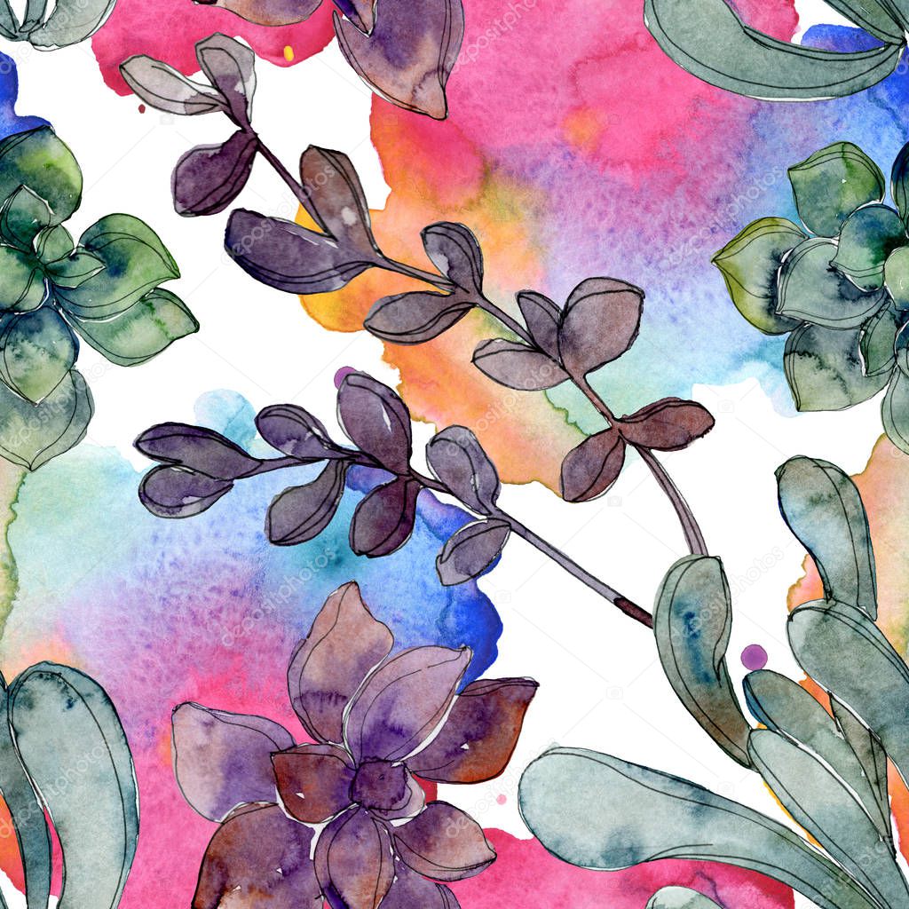 Exotic tropical hawaiian botanical succulents. Watercolor illustration set. Seamless background pattern. Fabric wallpaper print texture.
