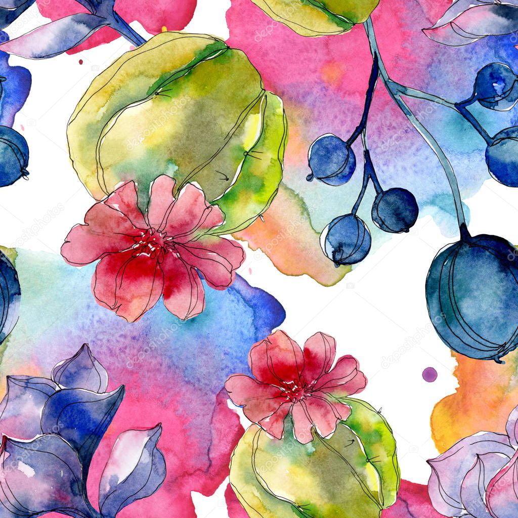 Succulent botanical flowers. Watercolor illustration set. Seamless background pattern. Fabric wallpaper print texture.