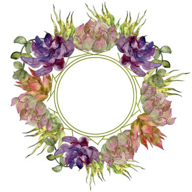 Egzotik tropik botanik succulents. Suluboya arka plan illüstrasyon küme. Çerçeve kenarlığı süsleme kopya alanı ile.